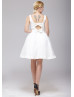 Ivory Satin Boat Neckline Open Back Knee Length Prom Dress